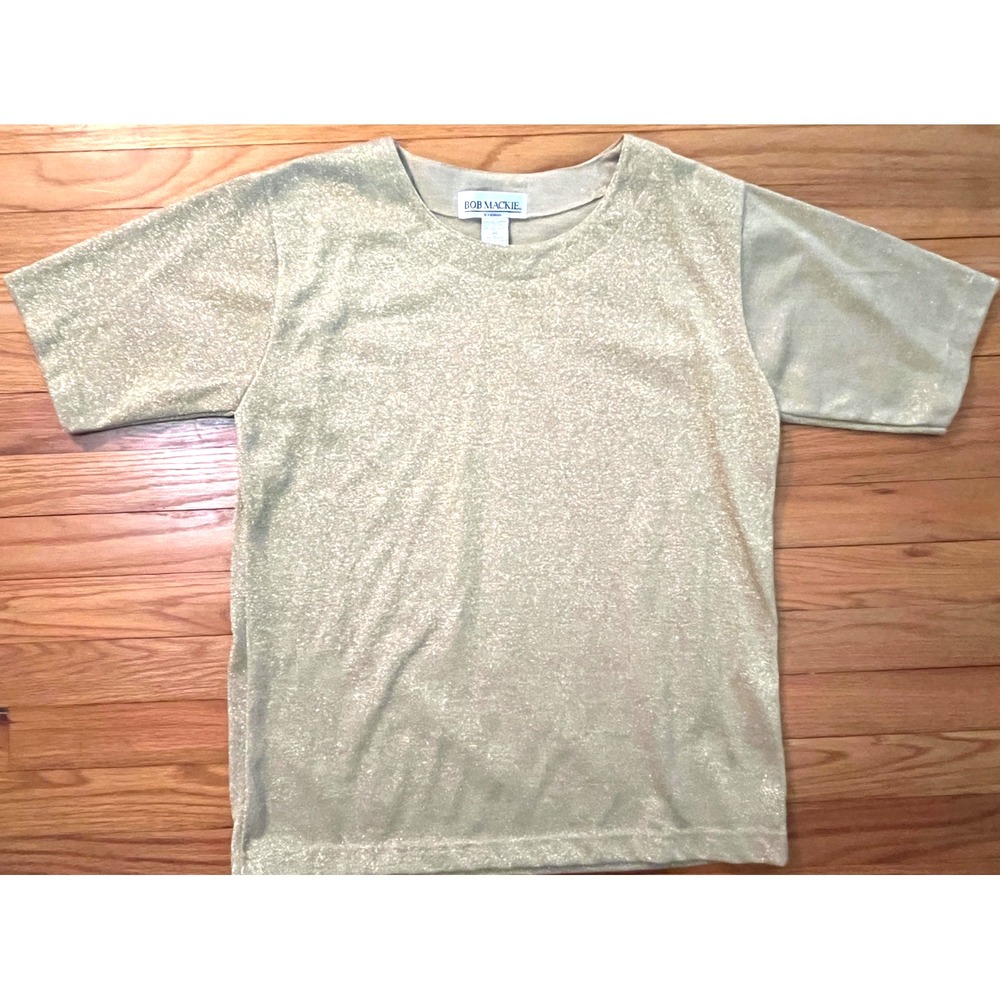 Vintage Bob Mackie Studio Short Sleeve Sparkling Metallic Gold Shirt Women M